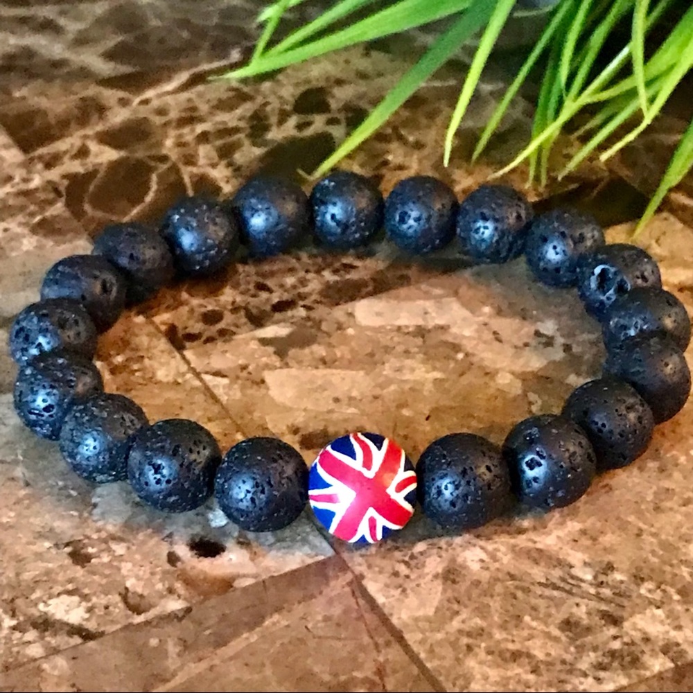 New Men’s Trendy Lava Stone Bead with Union Jack Bead Bracelet